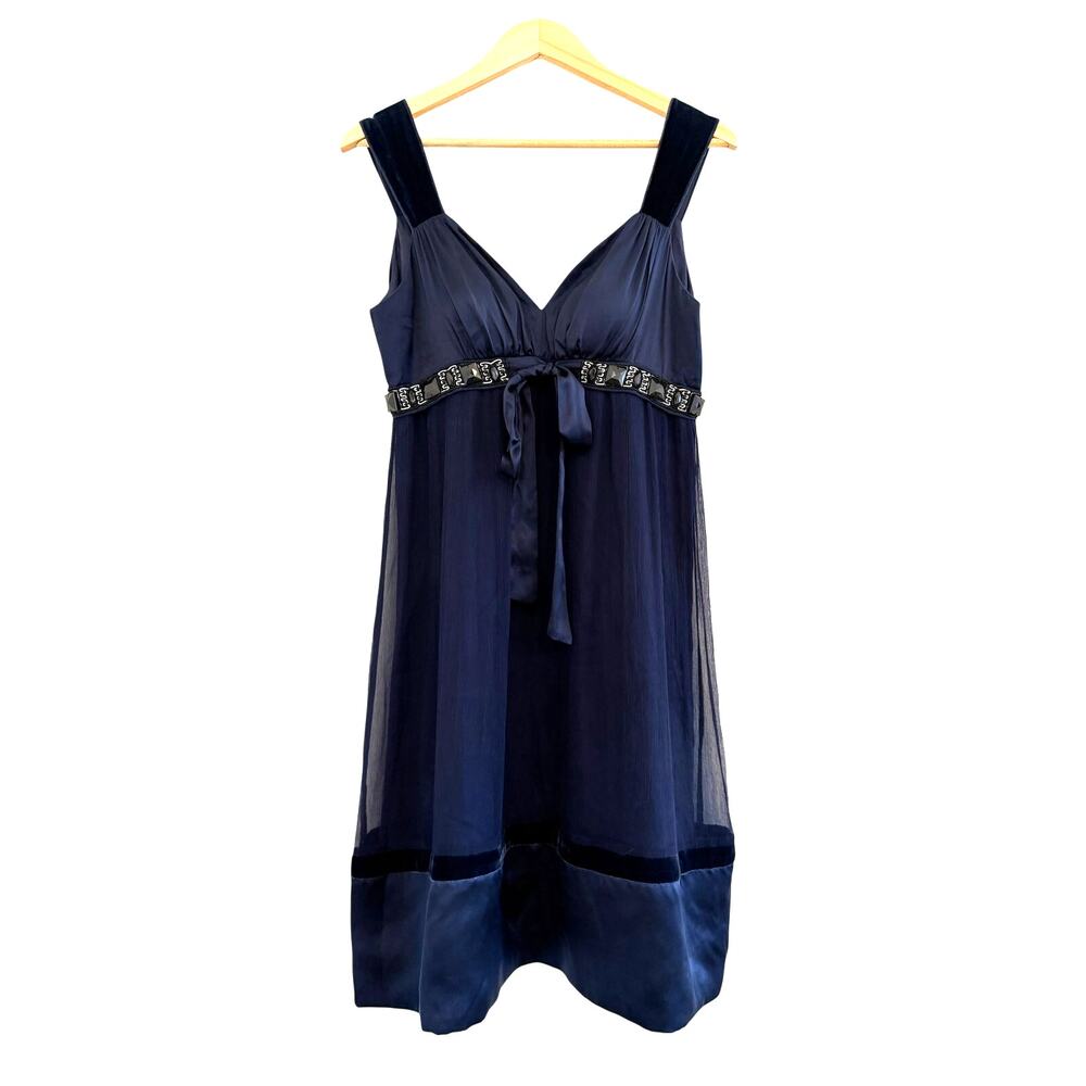 Derhy Silk Embellished Babydoll Mini Dress Womens Medium Blue HOCO Y2K Vintage